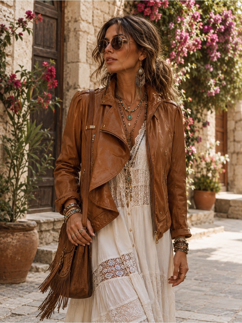 Dereon Cognac Brown Faux Leather Moto Jacket with Ruffle Sz L